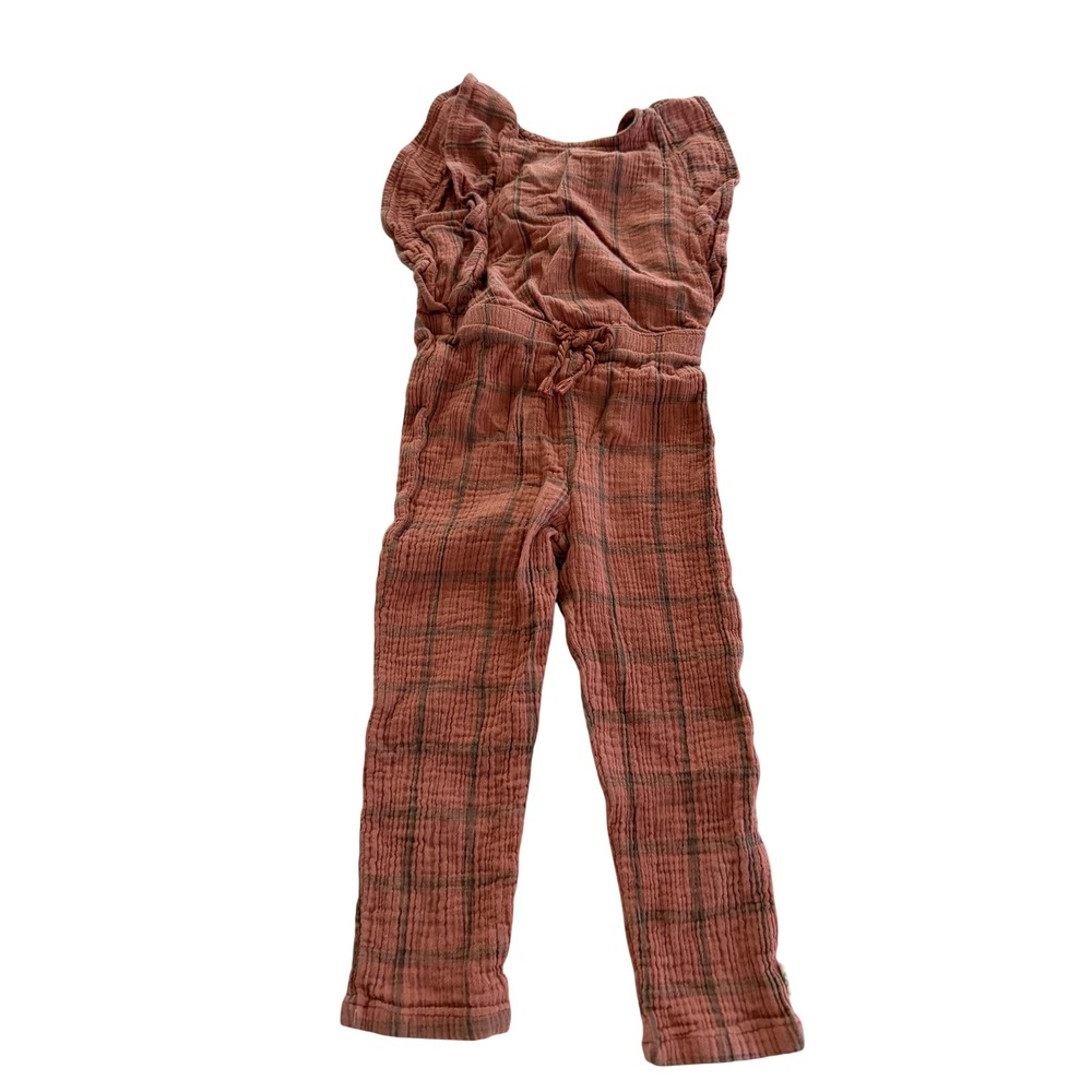 Easy Peasy Girls 5T Cotton Gauze Plaid Jumpsuit Flutter Sleeve Terracotta Pink
